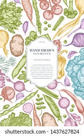 Card design with pastel onion, garlic, pepper, broccoli, radish, green beans, potatoes, cherry tomatoes, peas, celery, beet, greenery, chinese cabbage, cabbage, carrot