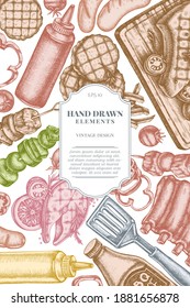 Card design with pastel spatula, Pork ribs, kebab, sausages, steak, sauce bottles, grilled burger patties, grilled tomato, grilled salmon steak, grilled bell pepper