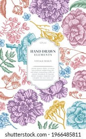 Card design with pastel wax flower, forget me not flower, tansy, ardisia, brassica, decorative cabbage