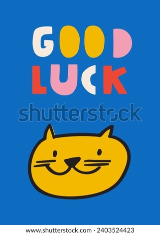 Card design. Phrase - good luck. Cute happy cat. Flat vector illustration on blue background.