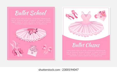 Card Design with Pink Tutu Skirt, Pointe Shoes and Envelope Vector Template