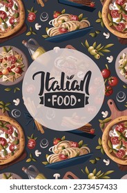 Diseño de tarjetas con Pizza Margherita con tomates y mozzarella. cocina italiana, comida saludable, cocina, menú de restaurante, comida, concepto de recetas. Ilustración vectorial.