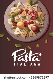 Card design with Plate of Italian pasta with tomatos. Italian cuisine, healthy food, cooking, restaurant menu, eating, recipes concept. A4 Vector illustration.