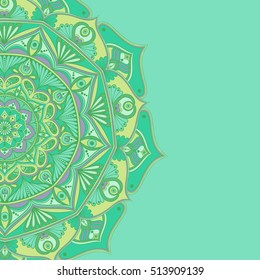 Card design. Pretty background with round ornamental colorful mandala. Can be used for greeting, invitation.Vector art