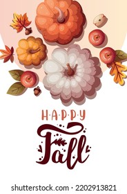 Card design with pumpkins, apples and autumn leaves. Autumn, harvest, thanksgiving day, fall concept. Vector illustration. CArd, postcard, poster.