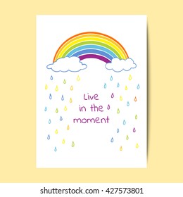Card design with a rainbow, clouds and raindrops. Vector illustration.