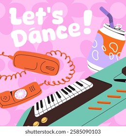 Card design of retro style party. Promotion of dance event with 80s nostalgia, 90s vibe, 70s aesthetics. Advertising template of 1980s disco, rave, discotheque in club. Flat vector illustration