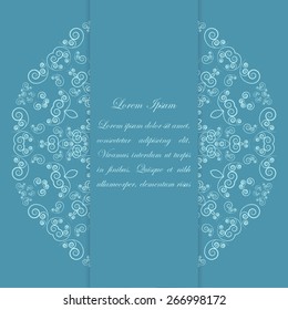 Card design with round lacy vintage style pattern on blue background