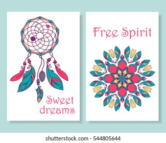 Card design. Set of beautiful backgrounds with dreamcatcher and colorful ornament. Boho style. Vector art