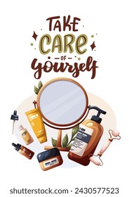 Card design with set of beauty products, cosmetics, mirror. Beauty, skin care, body care, cleansing concept. Vector illustration for banner, poster, card.