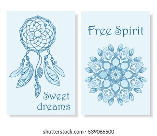 Card design. Set of blue cards with dreamcatcher and round ornamental mandala. Boho style. Vector art