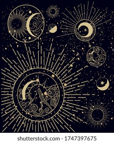 Card design showing the Moon Phases in intricate vector illustrations on a dark sky background for astrology concepts