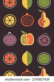 Card design with slices of fresh fruits. Clip arts of lemon, pear, apple, fig, pomegranate, orange in flat style for vegetarian cafe, restaurant, menu. Vegan concept.