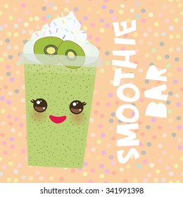 card design smoothie bar Takeout kiwi smoothie transparent plastic cup with straw and whipped cream. on orange pink background. Vector