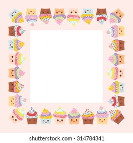 Card design with square frame, Cupcake, muzzle with pink cheeks and winking eyes, pastel colors on pink white background. Vector