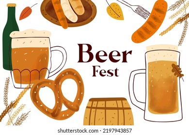 Card design with stylized illustration mugs of beer, pretzel snack and grilled sausage and text Beer fest on white background