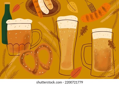 Card design with stylized illustration mugs of beer, pretzel snack and grilled sausage on yellow background