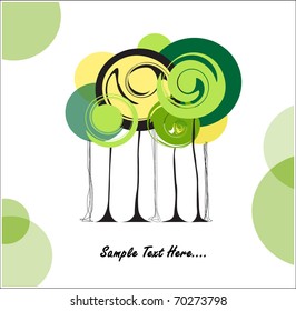 card design with stylized trees and text