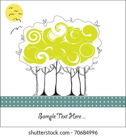 card design with stylized trees and text