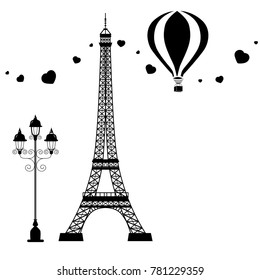 Card design with symbols of Paris: Eiffel tower, balloon, lamp,  hearts monochrome flat style vector illustration.
