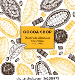 Card design template with cocoa beans. Vintage vector illustration