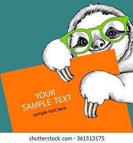 Card design template with image of a sloth in a glasses. Vector illustration.