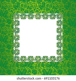 Card design template with place for your text. Floral lacy frame on decorative background with leaves. Golden lines on dark green