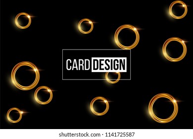 Card design template. Vector shiny golden rings on black background.