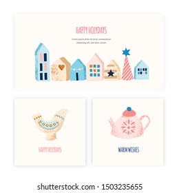 Card design templates collection with  Hygge  attributes. Scandinavian houses and vintage decoration elements. Vector Illustration. 
