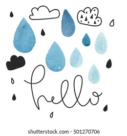 Card design with text hello. Hand drawn texture. Watercolor hand drawn texture. Creative card design. Rain with drops and clouds. Hello autumn