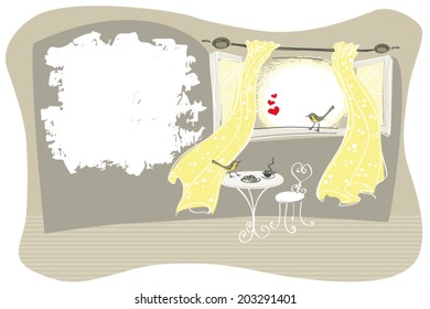 Card design with textured copy space with flirting birds on an open window with yellow curtains