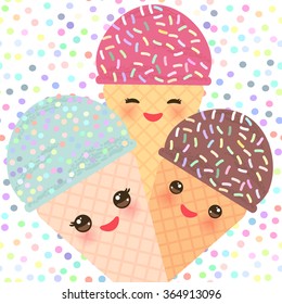 Card design with three Kawaii mint raspberry chocolate Ice cream waffle cone funny muzzle with pink cheeks and winking eyes, pastel colors polka dot background. Vector