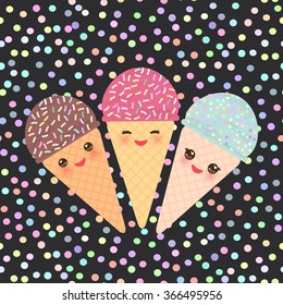 Card design with three Kawaii mint raspberry chocolate Ice cream waffle cone funny muzzle with pink cheeks and winking eyes, pastel colors polka dot black background. Vector