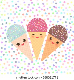 Card design with three Kawaii mint raspberry chocolate Ice cream waffle cone funny muzzle with pink cheeks and winking eyes, pastel colors polka dot background. Vector