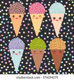 Card design with three Kawaii mint raspberry chocolate Ice cream waffle cone funny muzzle with pink cheeks and winking eyes, pastel colors black polka dot black background. Vector