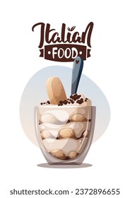 Card design with Tiramisu in a glass cup. Italian dessert, sweet food, bakery, cooking, recipes, restaurant menu concept. Vector illustration for poster, banner, postcard.