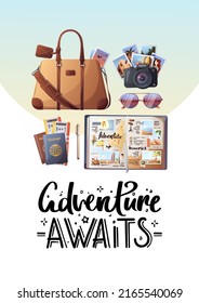 Card Design With Travel Bag, Passports And Tickets, Camera And Travel Journal, Handwritten Phrase. Travel, Tourism, Adventure, Journey Concept. Vector Illustration. Banner, Cover, Postcard.