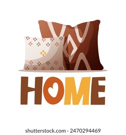 Card design with two pillows in boho style. "Home" handwritten lettering. Vector illustration for postcard, poster, card.