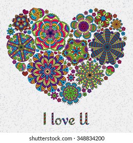 Card design for Valentines day or lowers. Pattern with flowers . Heart shape.  Text I Love U.  Beautiful  floral background. Good for weddings, invitations, birthdays if you are falling in love.