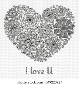 Card design for Valentines day or lowers. Pattern with flowers . Heart shape.  Text I Love U.  Beautiful  floral background. Good for weddings, invitations, birthdays. Black and white colors.