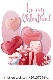 Card design for Valentine's Day and Mother's Day. Poster, banner with balloons and gift box. Background with flying helium balloons in the shape of hearts.