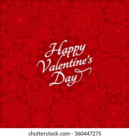 Card design for Valentines day. Pattern with flowers, key,lock,  gift and bear . Round shape. Red floral lettering background. Text Happy Valentines Day