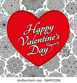 Card design for Valentines day. Pattern with flowers and ladybug. Heart shape.  Floral lettering background. Text Happy Valentines Day. Black, red and white colors.