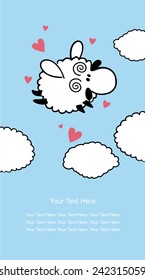 Card design with a very cute sheep and clouds. Sheep Valentine