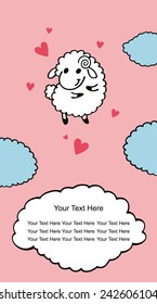 Card design with a very cute sheep and clouds. Sheep Valentine