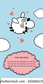 Card design with a very cute sheep and clouds. Sheep Valentine