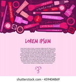 Card design withmakeup items. Decorative background, colorful postcard, ornamental vector illustration.