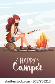 Card design with woman sitting by campfire and roasting marshmallows. Summertime camping, traveling, camper, nature, journey concept. Vector illustration for poster, banner, postcard, card, cover.