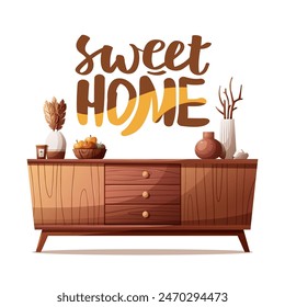 Card design with wooden tv stand and decorative vases. "home" handwritten lettering. Vector illustration for postcard, poster, card.