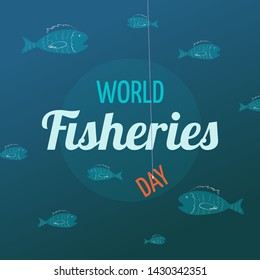 Card design for World Fisheries Day with fish and the word "day" on the hook.  Vector illustration for poster, banner, postcard, t-shirt.